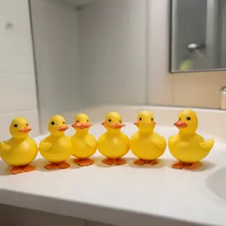 Exactly 5 yellow rubber ducks sitting in a row on a bathroom