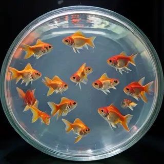 Exactly 9 goldfish swimming in a large round fishbowl