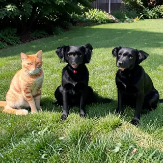 2 orange cats and 3 black dogs sitting together on a grassy 