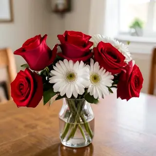 4 red roses and 2 white daisies in a glass vase on a table