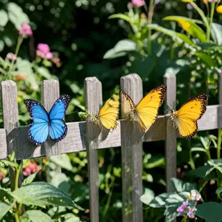 1 blue butterfly and 3 yellow butterflies resting on a garde