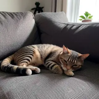 A cat lying on a couch without a collar
