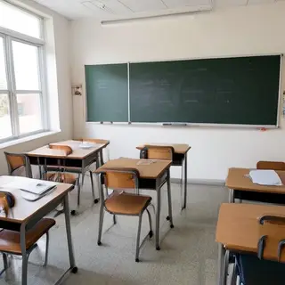 A classroom with desks and a chalkboard but no students