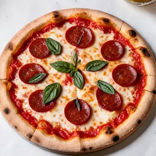 A pepperoni pizza with tomato sauce, basil, and crust but ab