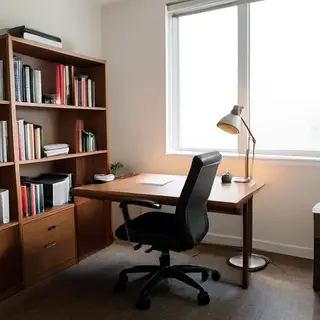An office workspace with a desk, chair, bookshelf, and lamp 