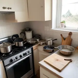 A kitchen with pots, pans, a stove, and a cutting board but 