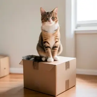 A cat sitting on top of a cardboard box