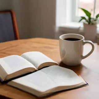 A coffee mug next to an open book on a desk