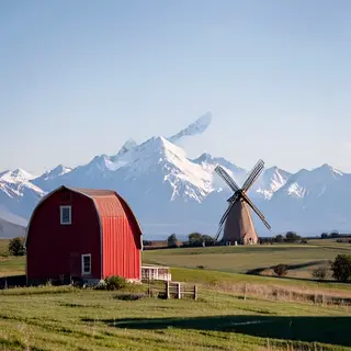 A landscape with a red barn in the foreground at large scale