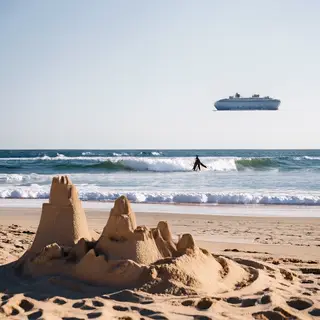 A beach scene with a sandcastle in the foreground, a surfer 