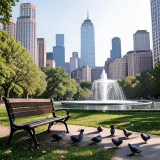 A city park with a park bench and pigeons in the foreground,
