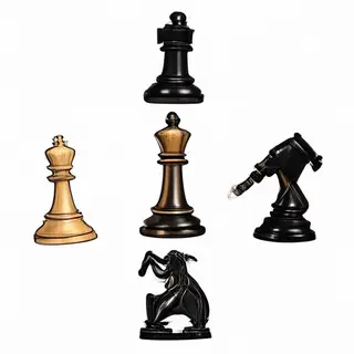 Five chess pieces on a board: a king in the center, a queen 