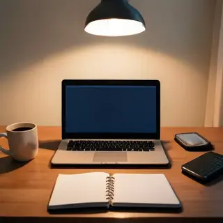 A desk scene: laptop in the center, coffee mug to the left, 