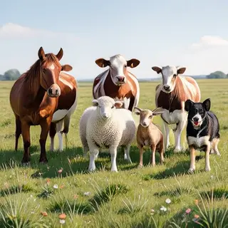 Five animals in a field: a horse on the far left, a cow to t
