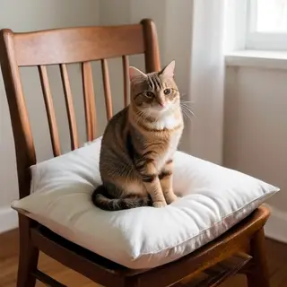 A cat sitting on a pillow, the pillow placed on a wooden cha