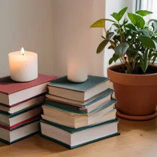 A candle on top of a stack of books, the books next to a pot