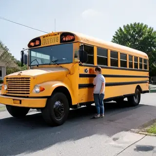 A person standing next to a yellow school bus, showing reali