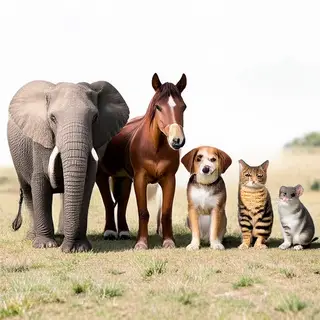 A group photo of an elephant, a horse, a dog, a cat, and a m