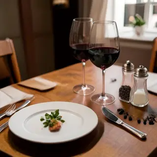 A dinner table scene with a plate, fork, knife, wine glass, 