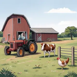 A farm scene with a barn, tractor, farmer, cow, chicken, and