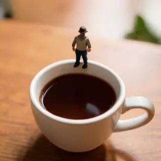 A tiny person standing on the rim of a coffee cup, looking d