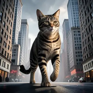 A giant tabby cat walking between city skyscrapers like a ka