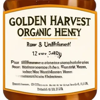 A product label for 'GOLDEN HARVEST ORGANIC HONEY' with subt