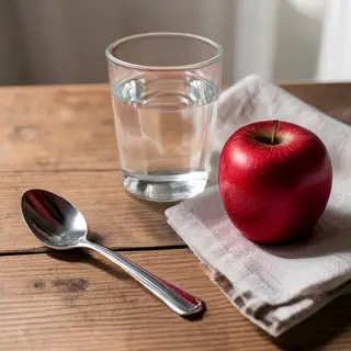 A still life on a wooden table featuring a clear glass of wa