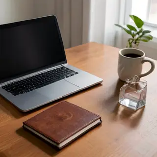 A workspace desk with a brushed aluminum laptop, a leather-b