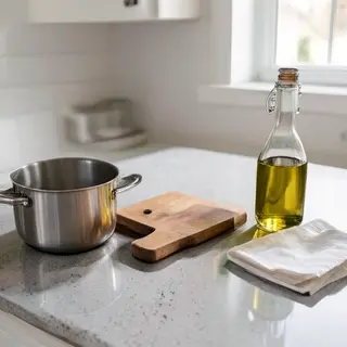 A kitchen counter with a stainless steel pot, a wooden cutti