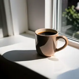 A coffee mug on a sunny windowsill casting a sharp shadow to
