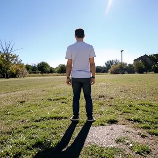 A person standing outdoors at midday with a short shadow dir