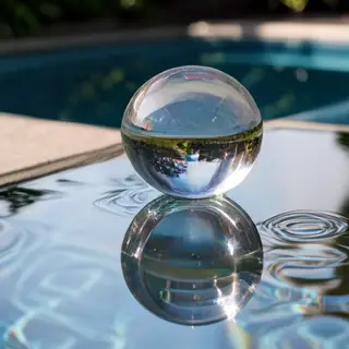 A clear glass sphere sitting on a mirror surface near a pool