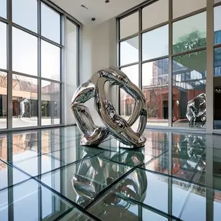 A chrome sculpture in a room with a glass floor and large wi