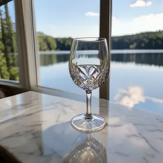A crystal wine glass on a polished marble counter next to a 