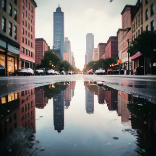 A city skyline reflected in a rain puddle on a street, with 