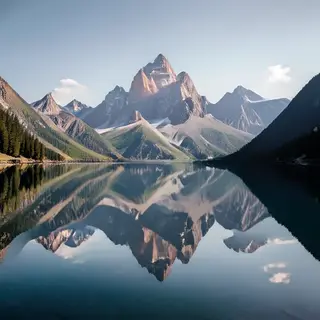 A mountain range reflected in a still alpine lake, with the 