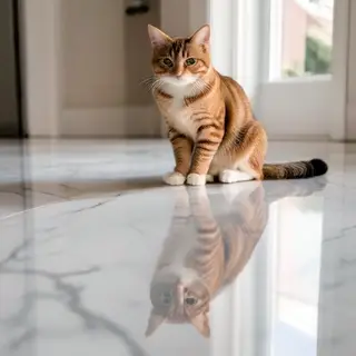 A cat sitting on a polished marble floor with its reflection