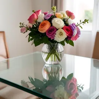 A vase of flowers on a glass table with a clear reflection v