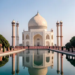 The Taj Mahal in Agra seen from the reflecting pool, with ac