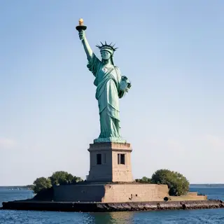 The Statue of Liberty on her island pedestal, with correct t