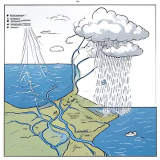 A detailed diagram of the water cycle showing evaporation fr