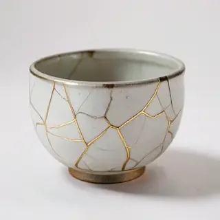 A Japanese kintsugi bowl — cracked ceramic repaired with vis