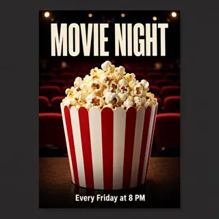 A movie night poster with a large popcorn image in the cente