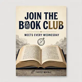 A book club poster with an open book illustration, the title
