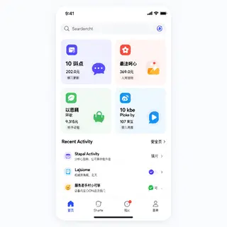 A mobile app UI mockup showing a dashboard with a top naviga