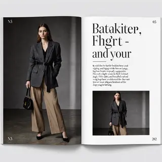 A fashion magazine spread with a full-bleed left-page photo,