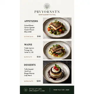 A restaurant menu layout with a logo header, three category 
