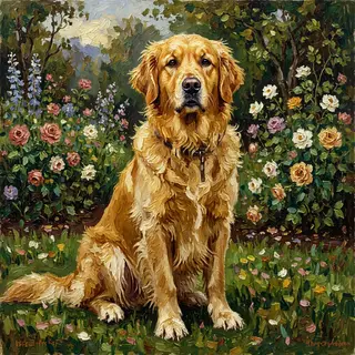 A golden retriever sitting in a garden, painted in the style