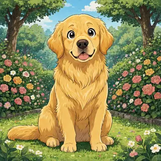 A golden retriever sitting in a garden, rendered in Japanese